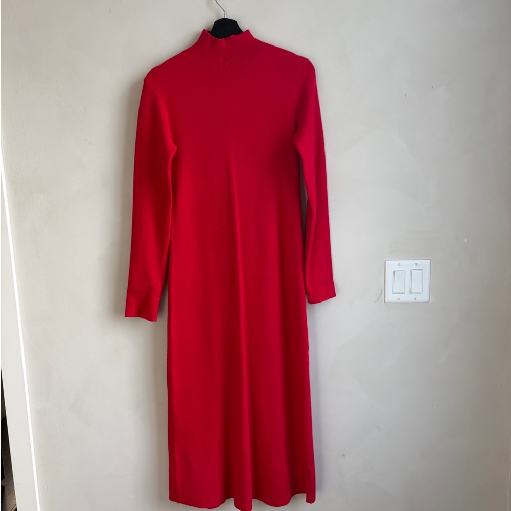Zara Red Long-Sleeve Mock Neck Midi Dress
